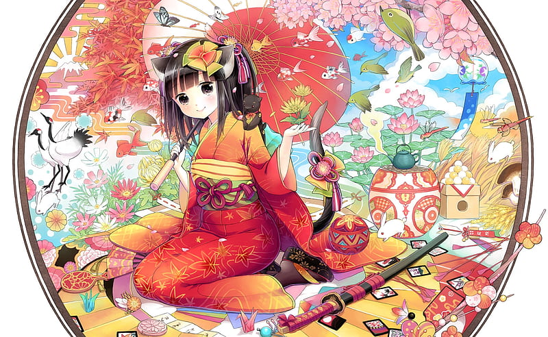 Japanese Cute, sakura, japanese, neko, kimono, cute, japan, girl ...