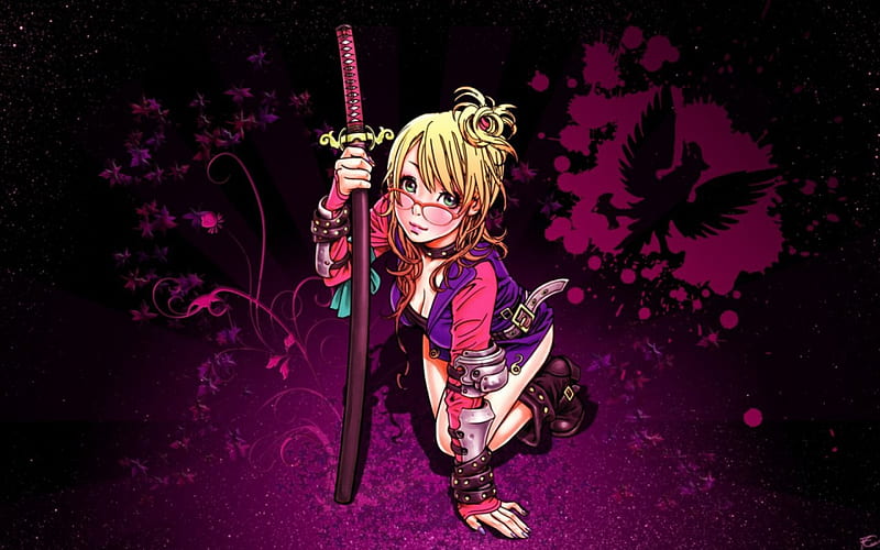 Shunya Yamashita, pretty, glasses, blonde, bonito, cute, girl, samurai, anime, sword, HD wallpaper