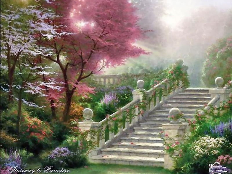 stairway to paradise, art, flowers, stairs, trees, HD wallpaper