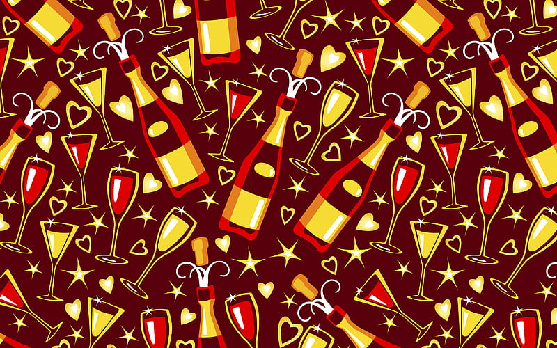 festive red texture background with champagne bottles, holiday texture, background with champagne, cartoon champagne pattern, cartoon champagne texture, HD wallpaper