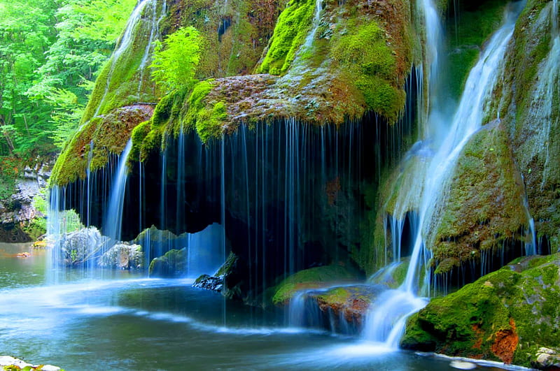 Beautiful waterfall, forest, fall, water, falling, greenery, waterfall, nature, bonito, HD wallpaper