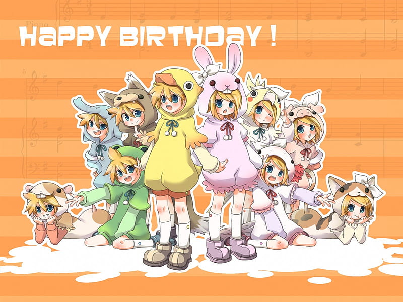 Happy Birtay Rin & Len!!, vocaloid, colorful, bows, rin and len kagamine, cute, animal suits, anime, musical notes, wink, HD wallpaper