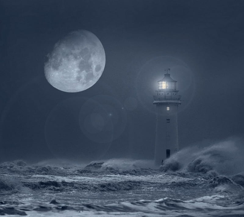 Lighthouse, beacon, moon, storm, sea, night, light, HD wallpaper