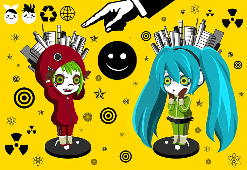 Vocaloid :), len, puppet, smiley, gumi, miku, yellow, recycle, building, creepy, hatsune, rin, kagamine, vector, HD wallpaper