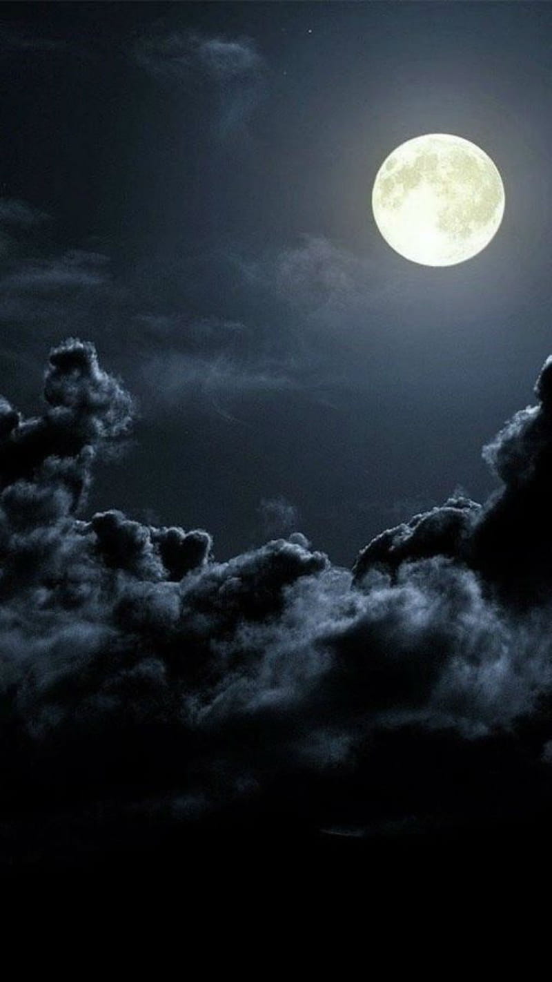 Black night, moonlight, full, moonshine, dark, clouds, above, sky, HD phone wallpaper