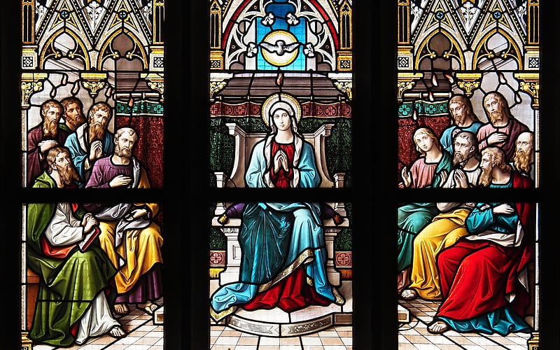 Pentecost, Holy Spirit, stained glass, apostles, Mary, HD wallpaper