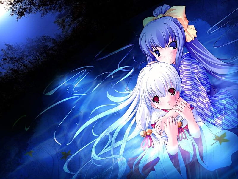 Two Cute Anime Mikos at Night, mikos, white hair, ponytail, robe, blue hair, anime, hand on head, cute anime girls, blue eyes, long hair, bells, red eyes, night, HD wallpaper