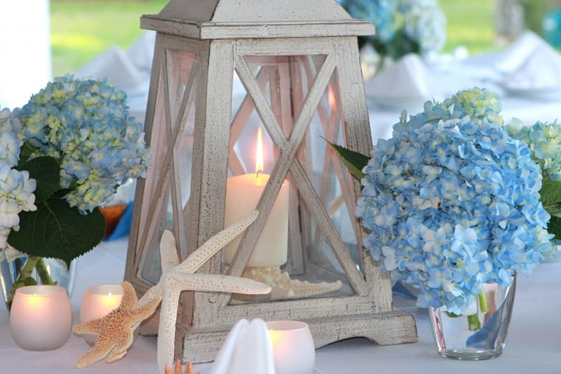 •✿• One glorious day •✿•, lantern, hydrangeas, bonito, purity, lights, love, bright, siempre, arrangement, table centerpiece, flowers, blue, romantic, special day, candles, entertainment, sunshine, nature, white, HD wallpaper