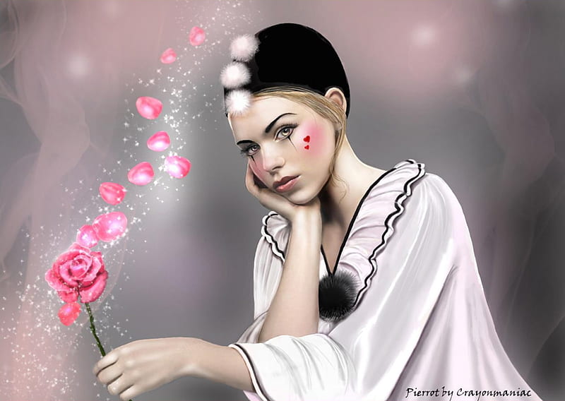 Pierrot, pink, crayonmaniac, harlequin, art, luminos, rose, black, fantasy, girl, petals, white, HD wallpaper