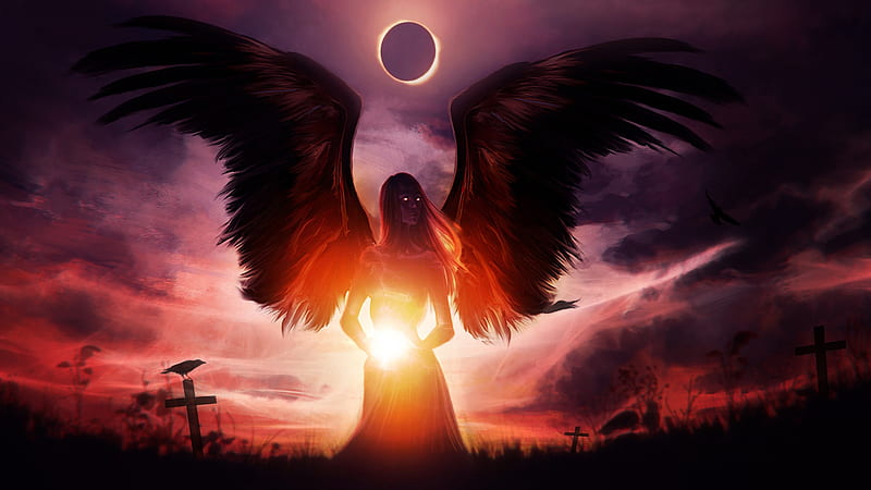 Blood angel, moon, wings, eclipse, angel, dark, digital, crow, sky, HD ...