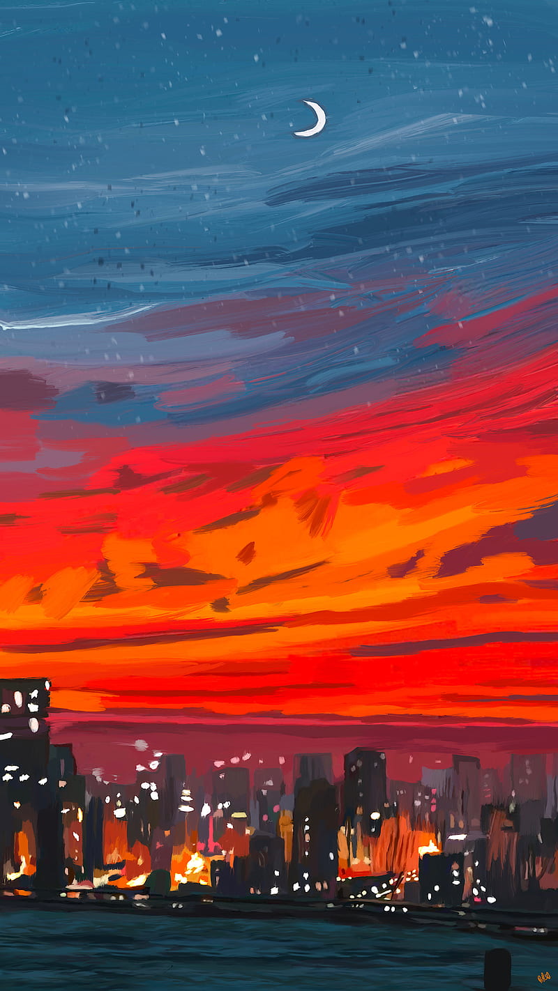 City Skyline, Night, Paint, HD phone wallpaper