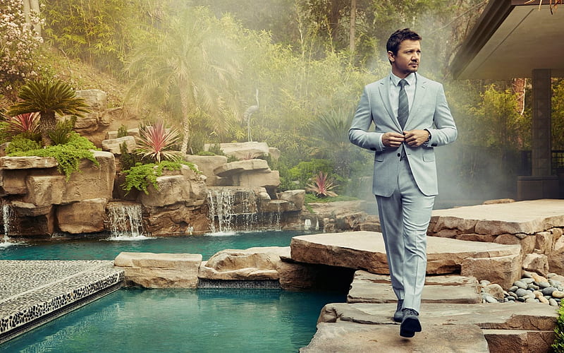 Jeremy Renner, American actor, man in a suit, swimming pool, HD wallpaper