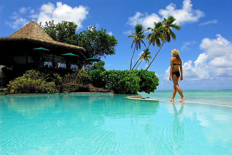 Resort at Aitutaki French Polynesia, polynesia, french, sea, beach, aitutaki, swimming, blue, aqau, exotic, islands, ocean, pacific, south, pool, girl, paradise, island, tropical, HD wallpaper