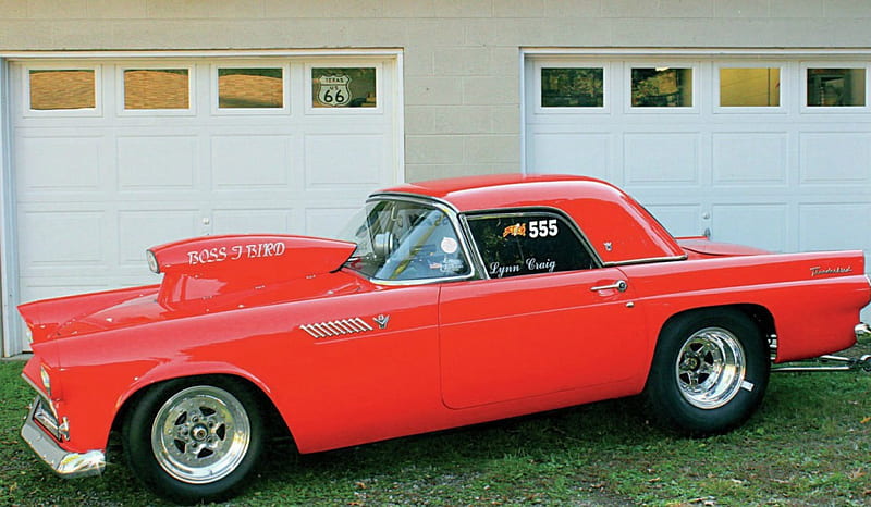 1955-Ford-Thunderbird, Classic, Red, 1955, Pro Street, Wheelie Bar, HD wallpaper