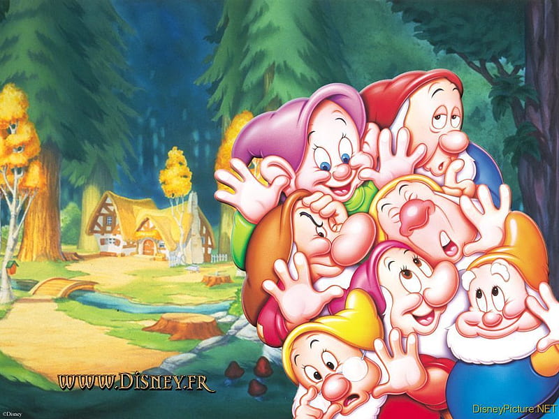 Snow Whiteand the Seven Dwarfs , outside, colors, dwarfs, trees, HD wallpaper
