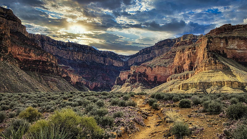 Bright Angel Trail in the Grand Canyon, mountains, arizona, rocks, usa, clouds, sky, landscape, HD wallpaper