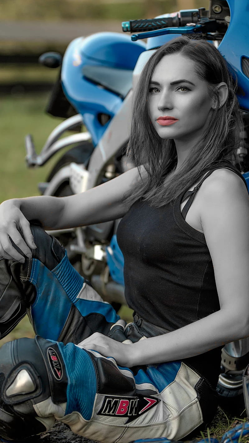 Take a break, black and white, bike, black and white, blue, driver, girl, motorcycle, HD phone wallpaper