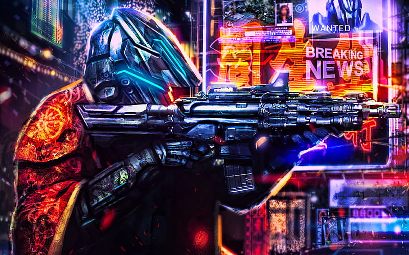 soldier with weapon cityscape, fantastic plot, cyber warrior, soldier, HD wallpaper