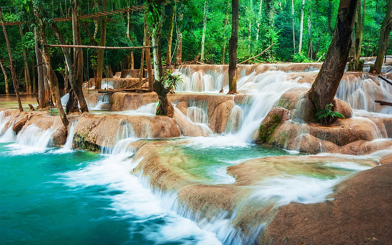 Kuang Si, Luang Prabang, beautiful waterfall, tropical forest, jungle, tropical island, Laos, HD wallpaper