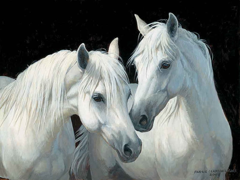 Stable mate, cal, art, persis clayton weirs, painting, black, pictura, white, horse, couple, HD wallpaper