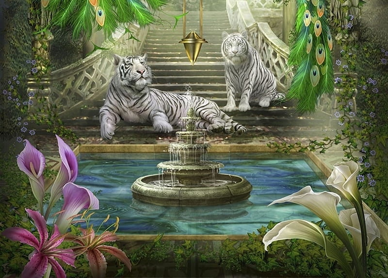 Mystic garden, tiger, tigru, white, lake, fountain, luminos, fantasy, green, garden, flower, pink, blue, HD wallpaper