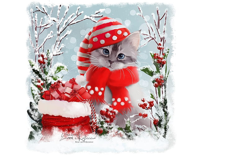 Snowy, art, red, lorri kajenna, craciun, christmas, cat, animal, hat, cute, fantasy, scarf, pisici, kitten, HD wallpaper