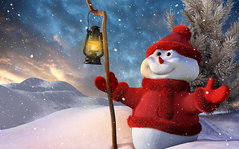 snowman, winter, snowdrifts, night, flashlight, Happy New Year, Merry Christmas, HD wallpaper