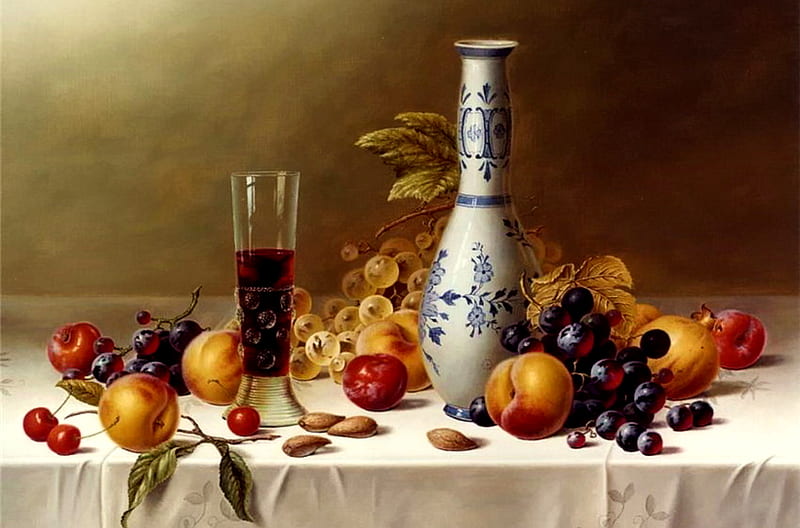 Taste The Wine, fruit, table, still life, wine glass, chalice, tablecloth, decanter, HD wallpaper