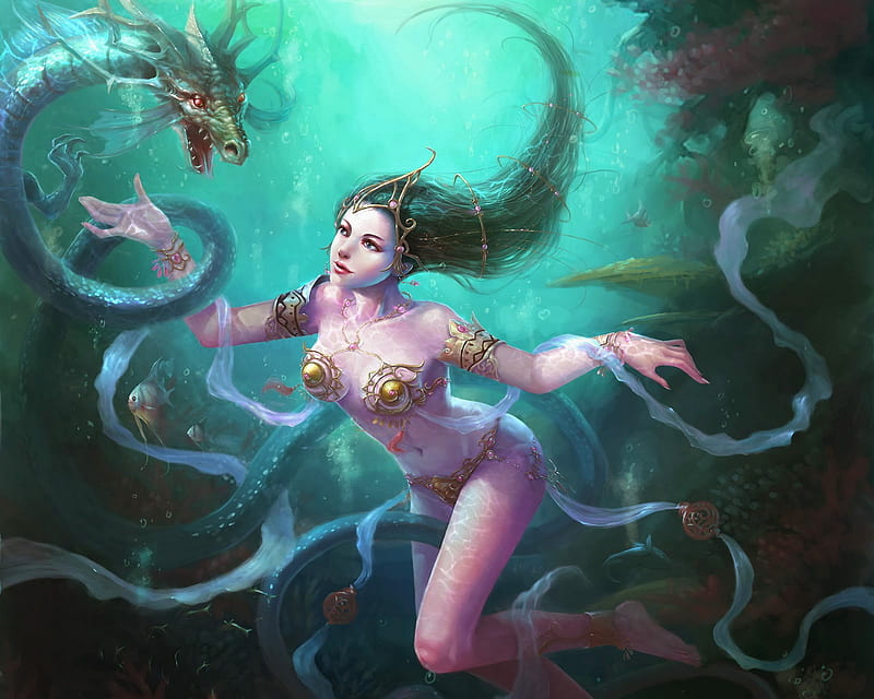 Goddess and Sea Serpent, pretty, underwater, art, bonito, serpent, woman, dragon, fantasy, girl, digital, HD wallpaper