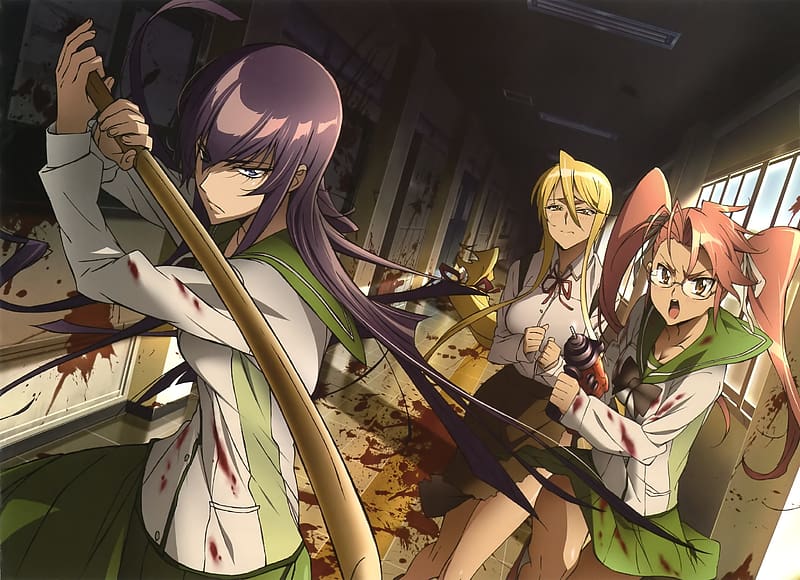 Anime, Blood, Blonde, Pink Hair, Katana, School Uniform, Purple Hair, Saeko Busujima, Highschool Of The Dead, Shizuka Marikawa, Saya Takagi, HD wallpaper