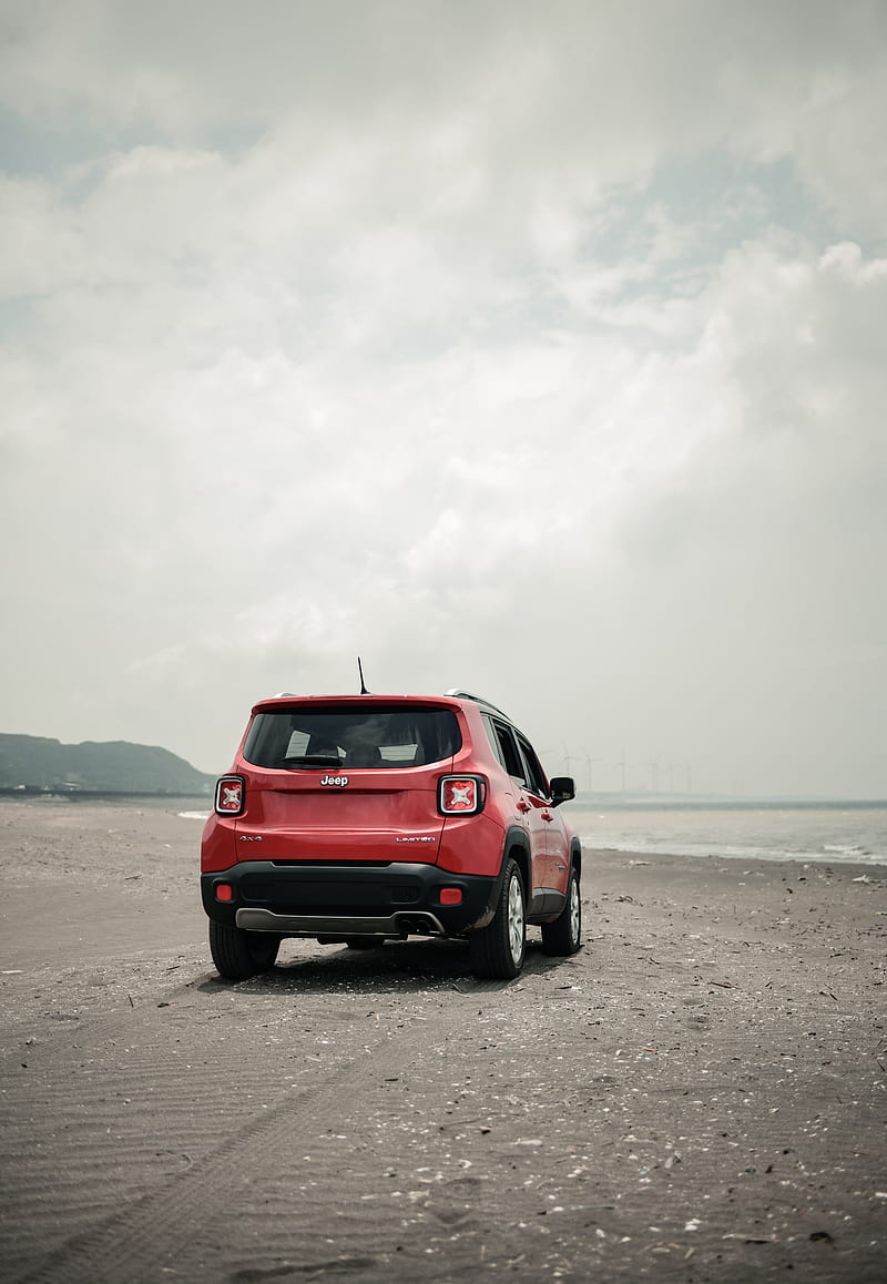 jeep renegade, jeep, suv, red, rear view, beach, off-road, HD phone wallpaper