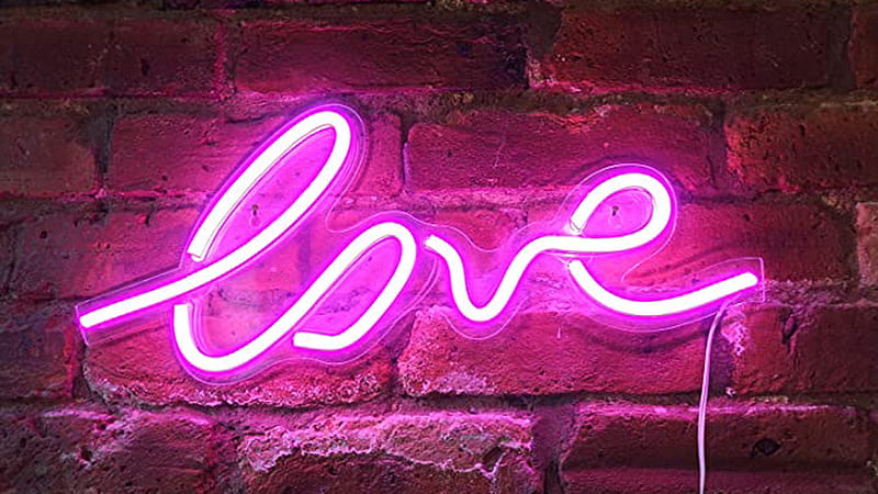 Neon Pink Light Love Word In Brick Wall Background Pink, HD wallpaper