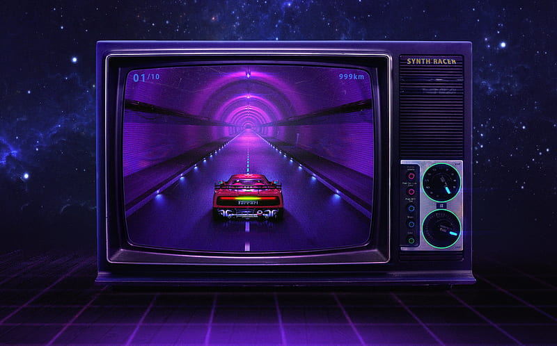 Racing Car Tv Synthwave, synthwave, artist, artwork, digital-art, ferrari, HD wallpaper