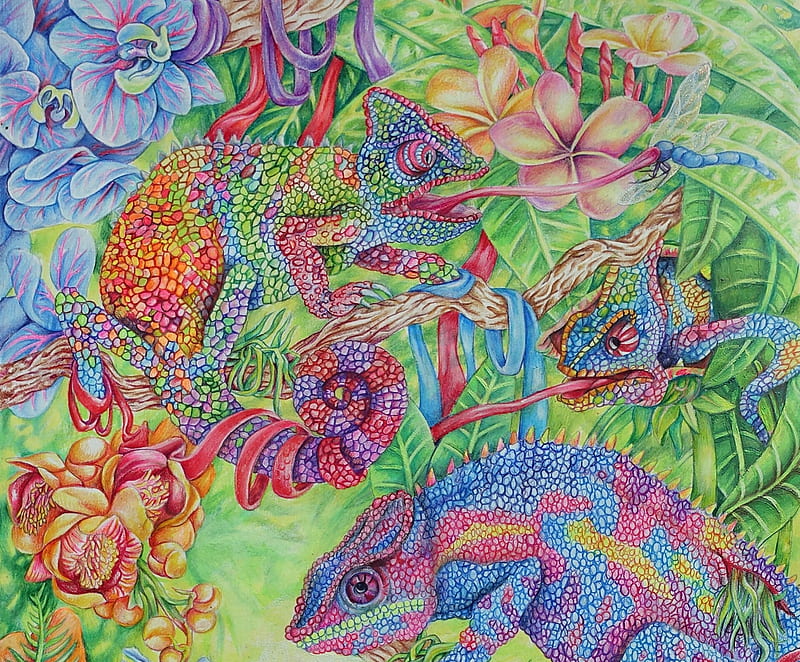 :), chameleon, green, flower, jamie forbes, blue, art, colorful, exotic, lizard, fantasy, pink, HD wallpaper