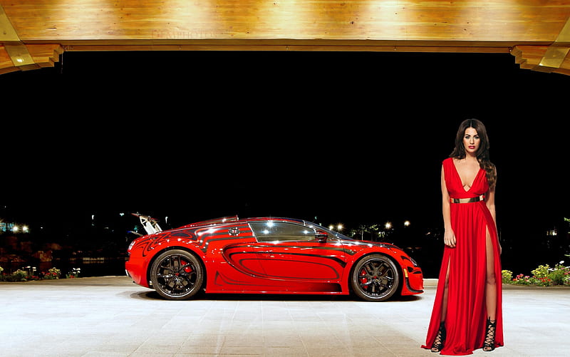 Bugatti and Holly Peers in Red, carros, brunette, model, bugatti, HD wallpaper