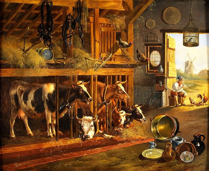 :), art, cow, brown, painting, vaca, man, pictura, animal, HD wallpaper