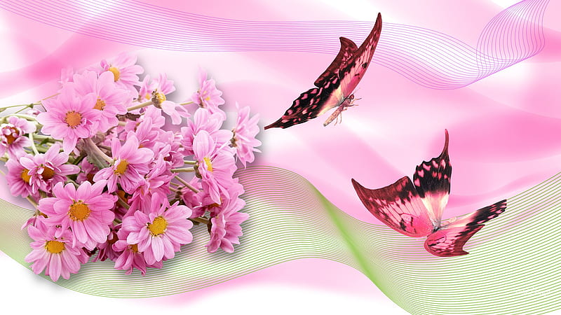 Fresh Spring Breeze, gerbera daisy, butterfly, breeze, summer, flowers, spring, pink, daisy, HD wallpaper