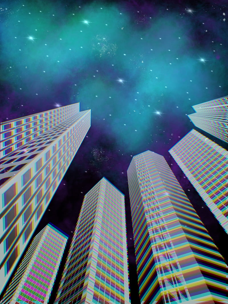 Beyond the stars, psychedelic, 3d, trippy, city, buildings, abstract, galaxy, space, HD phone wallpaper