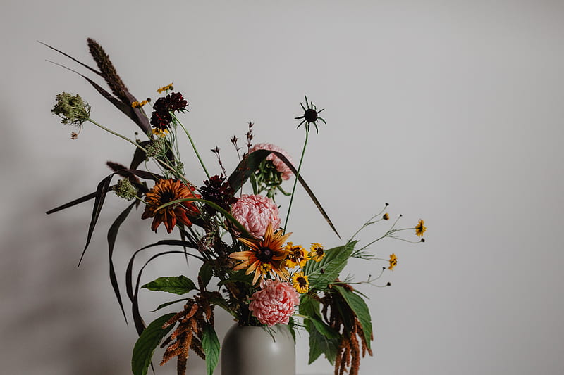 assorted flowers in vase beside wall, HD wallpaper