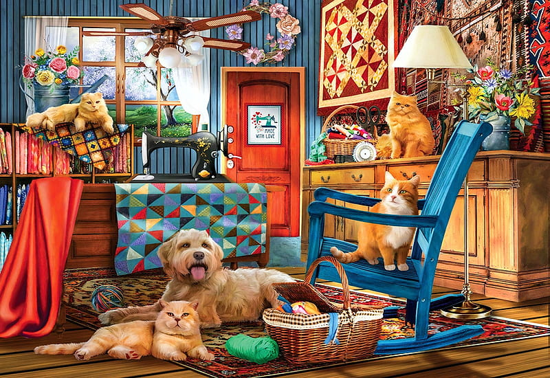 Made With Love, window, painting, room, cats, flowers, sewing machine, dog, chair, lamp, door, HD wallpaper