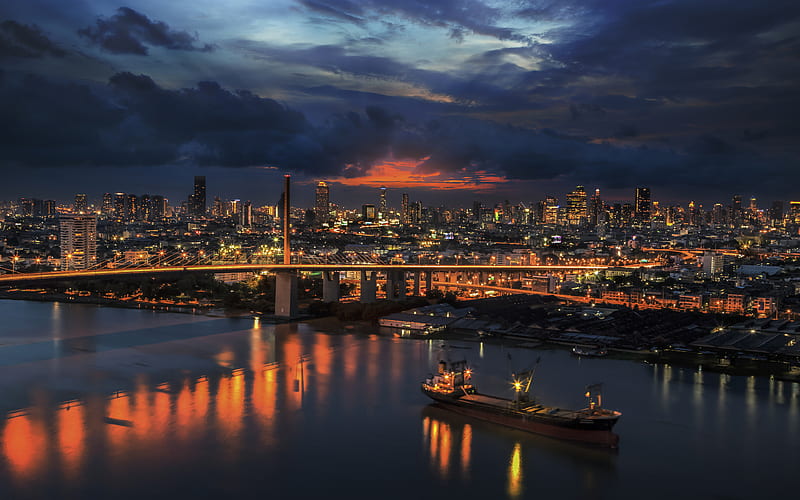 Bangkok, nightscapes, port, barge, Thailand, Asia, HD wallpaper