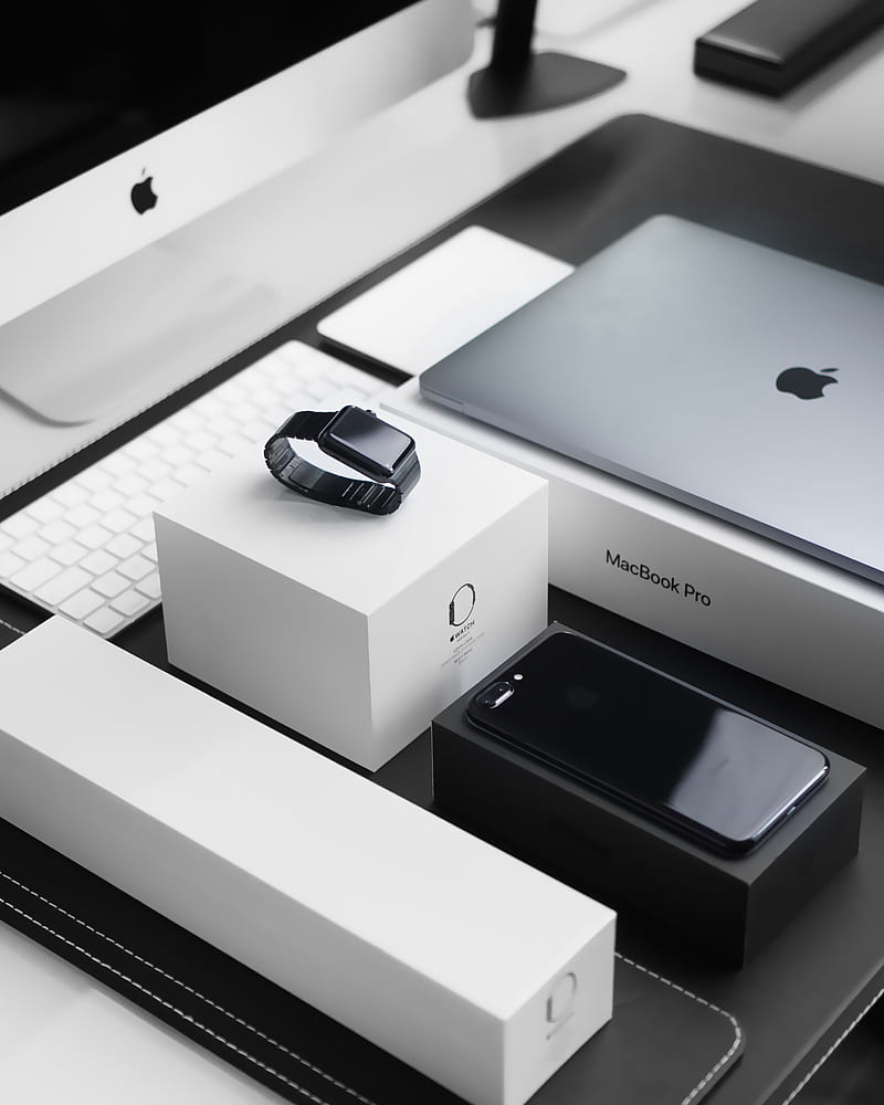 space black case Apple Watch, silver MacBook Pro, jet black iPhone 7 Plus, and silver iMac with corresponding boxes, HD phone wallpaper