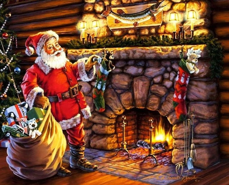 Santa at Cozy Place, fireplace, painting, artwork, chimney, gifts, HD wallpaper
