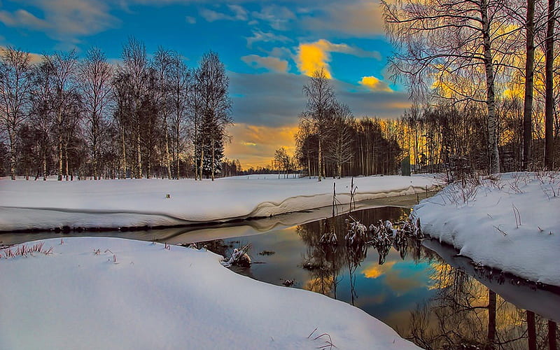 beautiful fork in the rivet in winter, river, reflection, trees, clouds, winter, fork, HD wallpaper