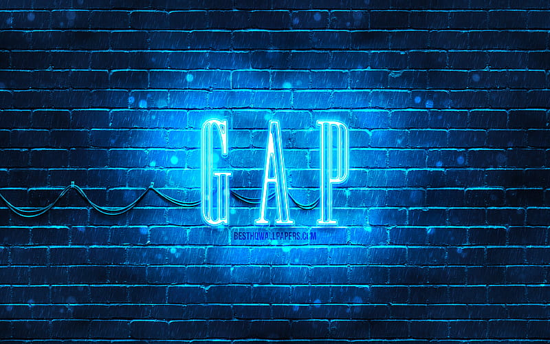 GAP blue logo, , blue brickwall, GAP logo, fashion brands, GAP neon logo, GAP, HD wallpaper