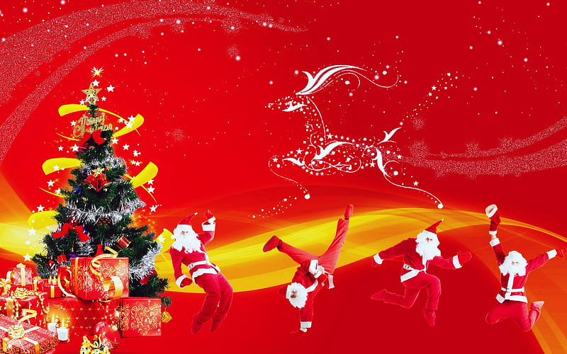 Funny Christmas, red, pretty, bonito, santa claus, nice, lovely, christmas, decoration, fun, new year, joy, winter, tree, snow, snowflakes, funny, gifts, HD wallpaper
