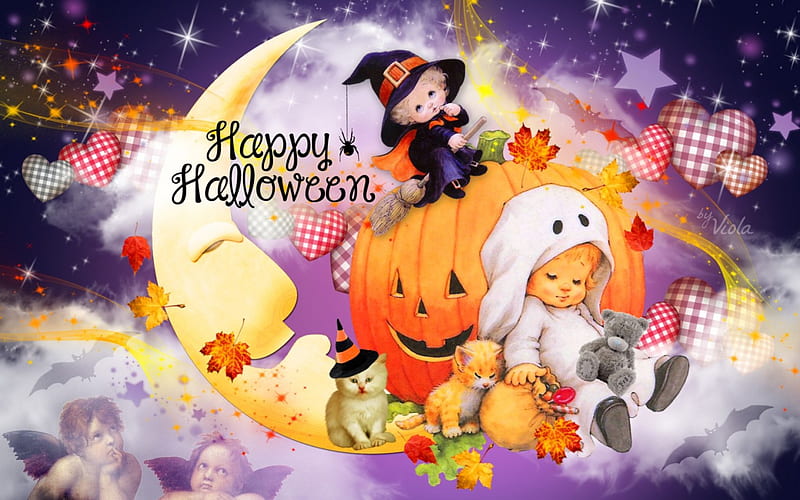 Cute Halloween, fall, witch, autumn, sleep, bats, clouds, angels, happy Halloween, moon, pumpkin, Halloween, child, night, stars, Viola Tricolor, corazones, cats, teddy bear, HD wallpaper