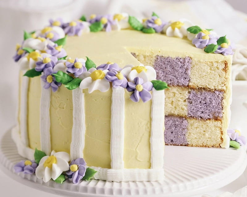Spring Cake, cake, layered, decoration, yellow, frosting, abstract, purple, flowers, white, HD wallpaper