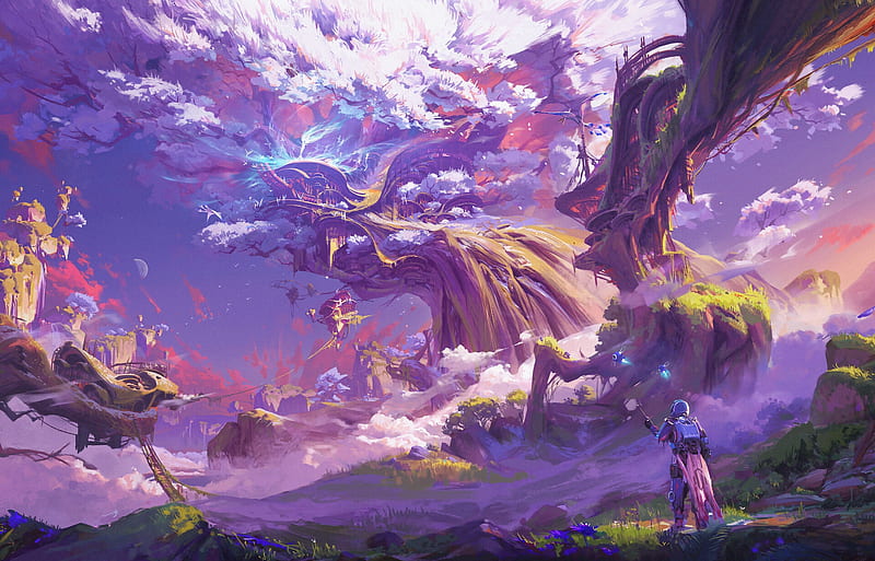 Fantasy tree, purple, world, alin, tree, fantasy, luminos, a lin, HD wallpaper