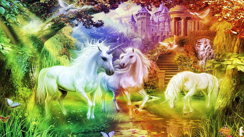 Rainbow Unicorn Kingdom, fantasy, unicorn, magical, magic, rainbow, horse, kingdom, HD wallpaper